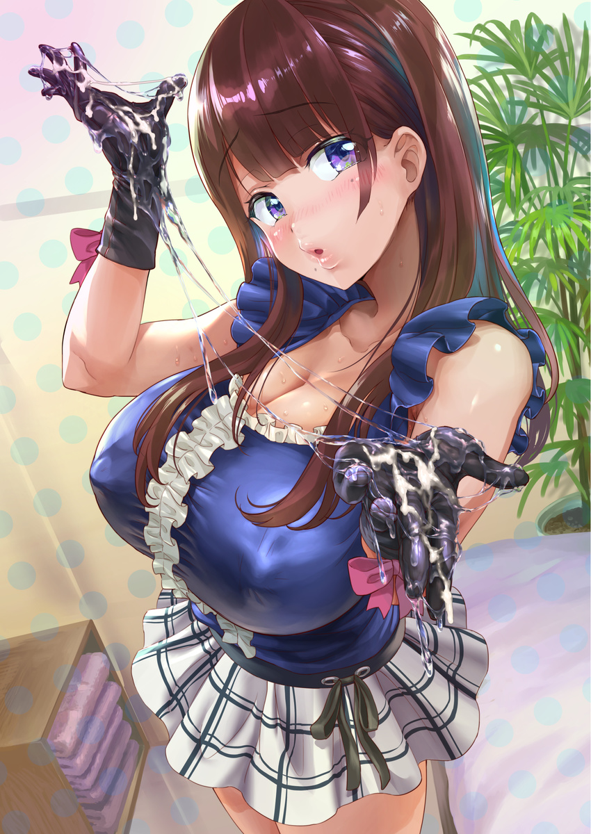 2t_(tanakatakuto) bangs black_gloves blunt_bangs breasts brown_hair center_frills cleavage covered_nipples cum cum_string eyebrows_visible_through_hair gloves head_tilt highres huge_breasts indoors lips long_hair lotion miniskirt mole mole_under_mouth original plant potted_plant purple_eyes shiny shiny_hair skirt sleeveless solo suggestive_fluid towel white_skirt