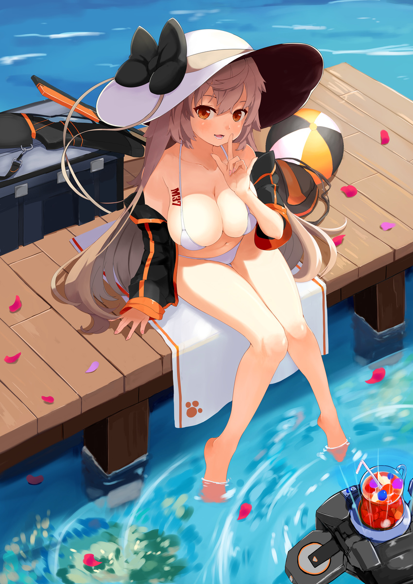 :d absurdres afloat arm_at_side ball bangs bare_arms bare_shoulders barefoot beachball bikini black_bow black_jacket blush body_writing bow box breast_tattoo breasts brown_hair character_name collarbone cup day downscaled_revision drink drinking_glass drinking_straw fingernails full_body girls_frontline hat hat_bow highres hpb8642 index_finger_raised ithaca_m37_(girls_frontline) jacket knees_together_feet_apart large_breasts leaning_forward long_hair long_sleeves looking_at_viewer md5_mismatch nail_polish open_clothes open_jacket open_mouth orange_eyes petals pier pink_nails sitting sleeves_past_wrists smile soaking_feet solo sun_hat swimsuit tattoo thigh_gap towel water white_bikini white_hat