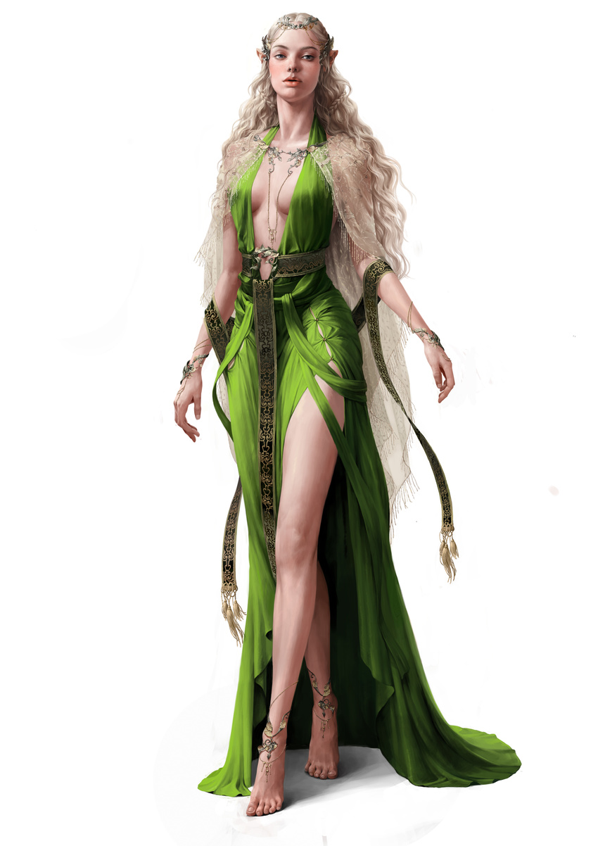 absurdres amulet anklet arms_at_sides barefoot belt blonde_hair bracelet braid breasts breasts_apart brown_eyes chain collarbone crossed_legs curly_hair dress elf freckles full_body green_dress hair_ornament highres jewelry long_hair looking_at_viewer md5_mismatch no_bra original parted_lips pointy_ears realistic sash see-through shawl short_pointy_ears side_slit simple_background siwoo_kim small_breasts solo standing tiptoes toenails veil