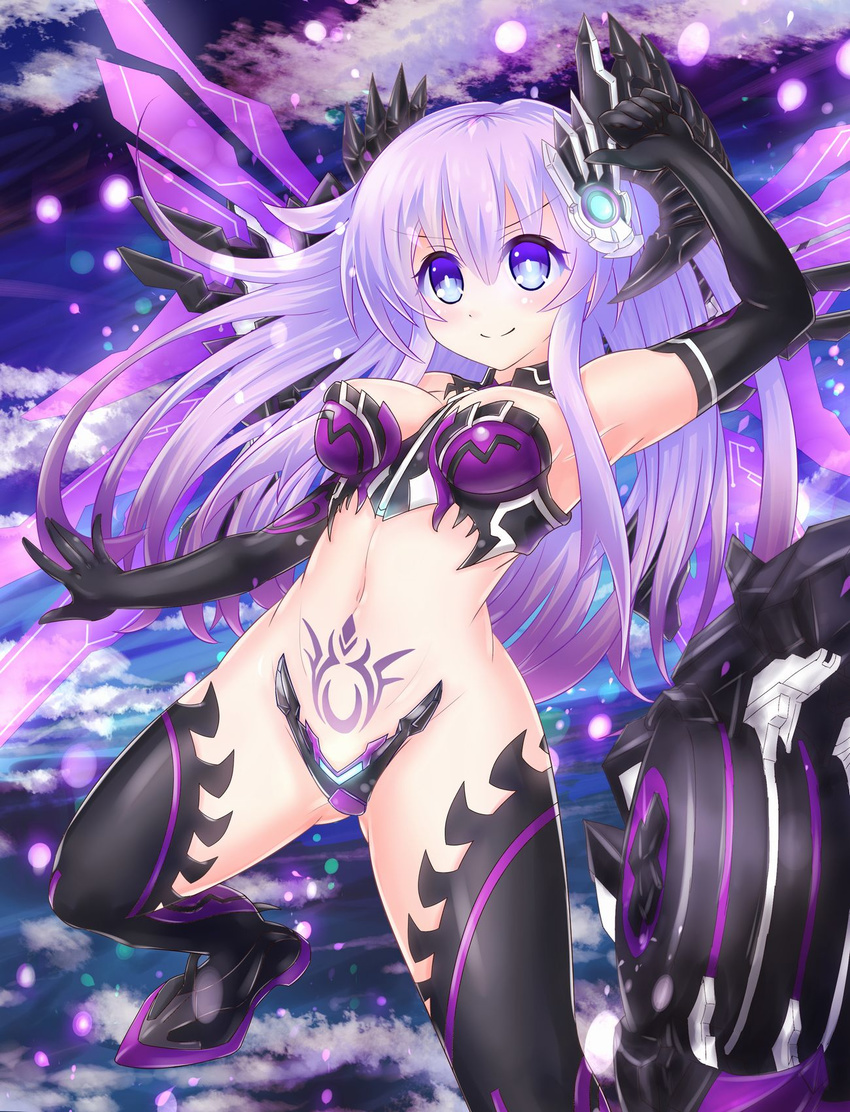 bare_shoulders blue_eyes breasts bustier cleavage commentary_request cowboy_shot crotch_plate elbow_gloves gloves hair_ornament highres kazuneko_(wktk1024) long_hair mechanical_wings medium_breasts midriff navel nepgear nepnep_connect:_chaos_chanpuru neptune_(series) outdoors pubic_tattoo purple_hair purple_sister purple_sister_(chaos_form) revealing_clothes smile solo stomach symbol-shaped_pupils tattoo thighhighs wings