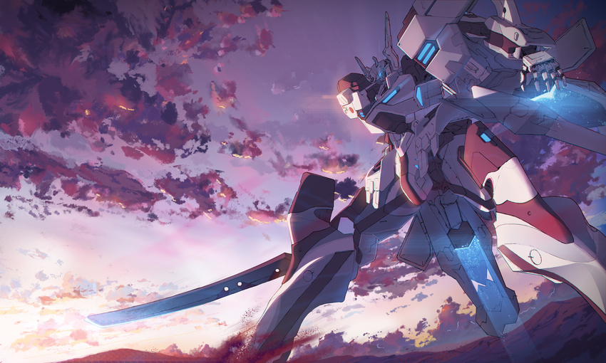cloudy_sky commentary_request dust evening glowing glowing_eyes highres holding holding_sword holding_weapon knyt light_trail mecha muvluv no_humans outdoors scenery sky sword thrusters twilight weapon xfj-01a_shiranui