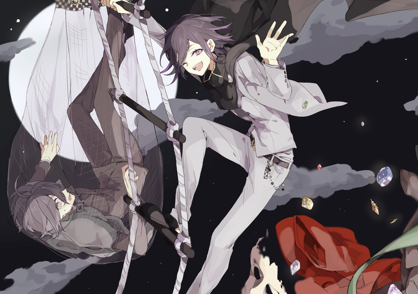 2boys ahoge black_hair buttons cape couple danganronpa gold_eyes matching_hair/eyes moon multiple_boys new_danganronpa_v3 night open_mouth ouma_kokichi pants purple_eyes purple_hair saihara_shuuichi shirt short_hair sky smile wink