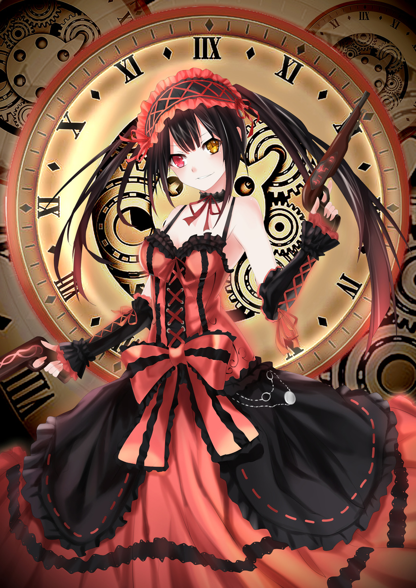 absurdres asymmetrical_hair black_hair breasts choker cleavage clock clock_eyes date_a_live detached_sleeves dress dual_wielding gothic_lolita gun hairband heterochromia highres holding holding_gun holding_weapon lolita_fashion lolita_hairband long_hair looking_at_viewer medium_breasts neck_ribbon parted_lips red_dress red_eyes red_ribbon ribbon sleeveless sleeveless_dress smile solo standing symbol-shaped_pupils tokisaki_kurumi twintails weapon yellow_eyes yeluno_meng