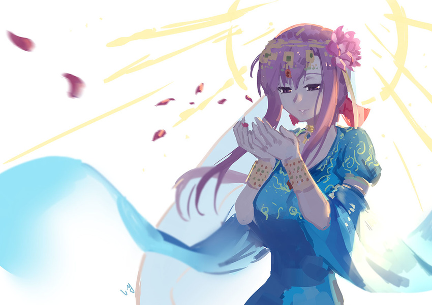 bangs blue_dress commentary diadem dress fate/grand_order fate_(series) flower graphite_(medium) hair_flower hair_ornament hands_together hands_up jewelry long_hair lotus matou_sakura nanaya_(daaijianglin) necklace parvati_(fate/grand_order) petals purple_eyes purple_hair signature smile solo standing traditional_media wide_sleeves