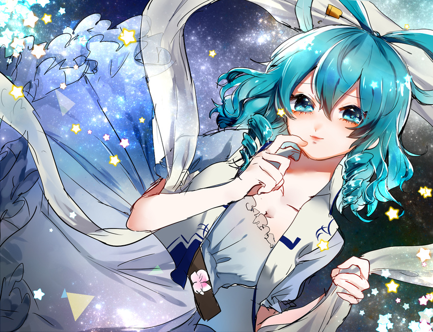 aqua_eyes aqua_hair blue_dress breasts cleavage commentary_request dress drill_hair frills hair_ornament hair_rings hair_stick kaku_seiga large_breasts looking_at_viewer puffy_short_sleeves puffy_sleeves shawl short_sleeves smile solo star suzune_hapinesu touhou triangle