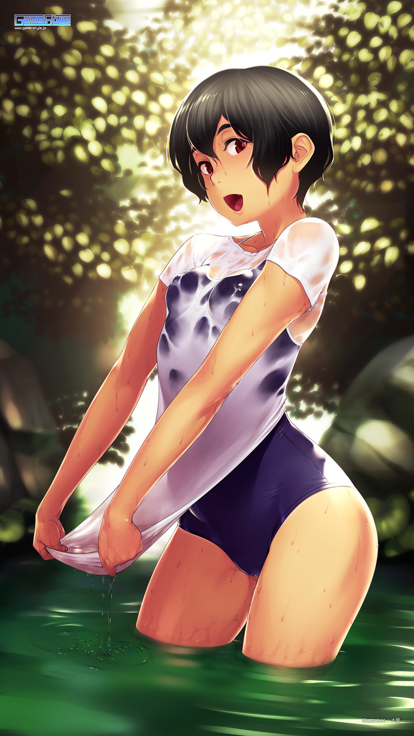 :d artist_name bangs black_hair blue_swimsuit breasts competition_school_swimsuit copyright_name day game-style hair_between_eyes highres looking_at_viewer one-piece_swimsuit oohara_kyuutarou open_mouth outdoors phone_wallpaper pond red_eyes school_swimsuit see-through shirt short_hair short_sleeves small_breasts smile solo swimsuit thighs wading wallpaper water watermark wet wet_clothes wet_shirt