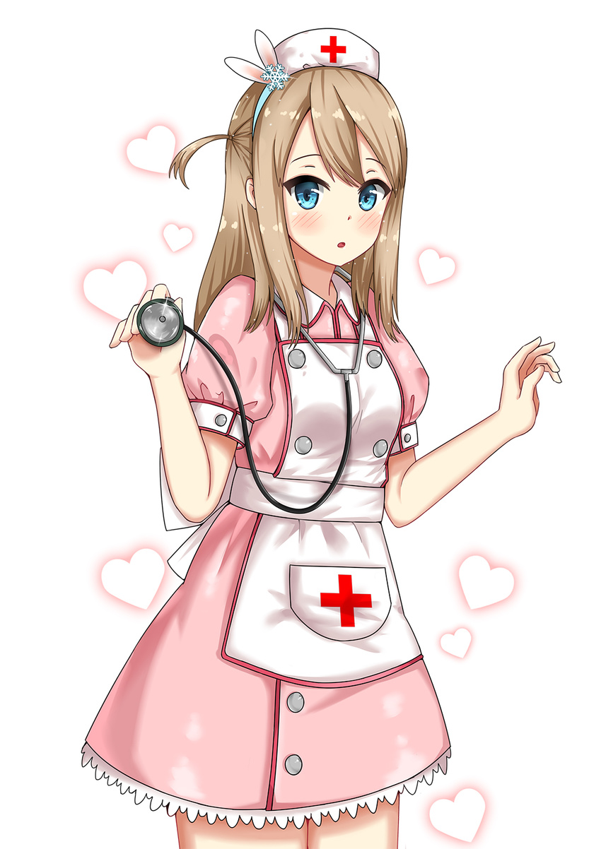 :o apron bangs blue_eyes blush brown_hair cowboy_shot cross dress girls_frontline glint hair_ornament hat heart heart_background hei_yan highres holding long_hair nurse nurse_cap one_side_up open_mouth pink_dress puffy_short_sleeves puffy_sleeves red_cross short_sleeves snowflake_hair_ornament solo standing stethoscope suomi_kp31_(girls_frontline) tareme white_apron