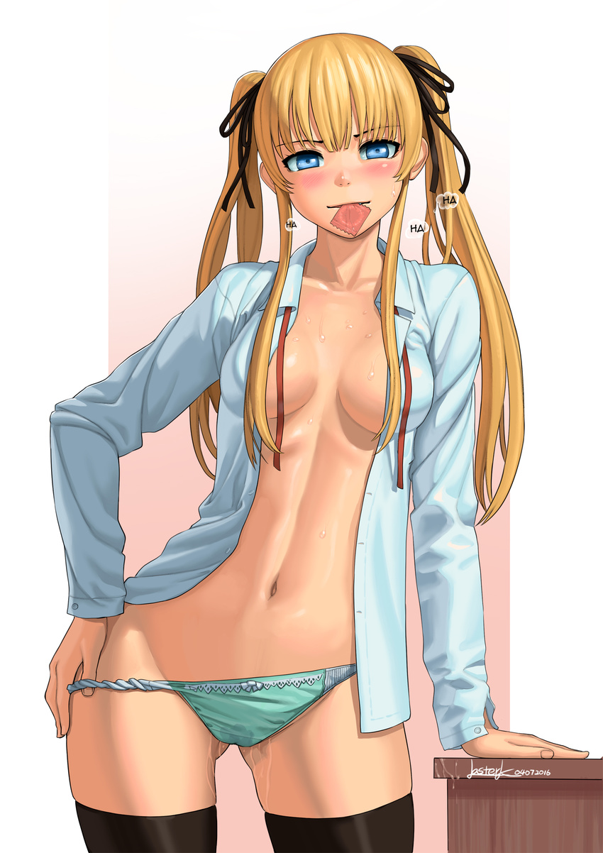 arm_support ass_visible_through_thighs black_legwear blonde_hair blue_eyes blush breasts breath condom condom_in_mouth fang hair_ribbon highres lasterk long_hair looking_at_viewer medium_breasts mouth_hold navel open_clothes open_shirt paid_reward panties panty_pull patreon_reward pussy_juice pussy_juice_stain ribbon saenai_heroine_no_sodatekata sawamura_spencer_eriri shirt smile solo sweat thighhighs twintails underwear undressing untied wet wet_clothes wet_panties