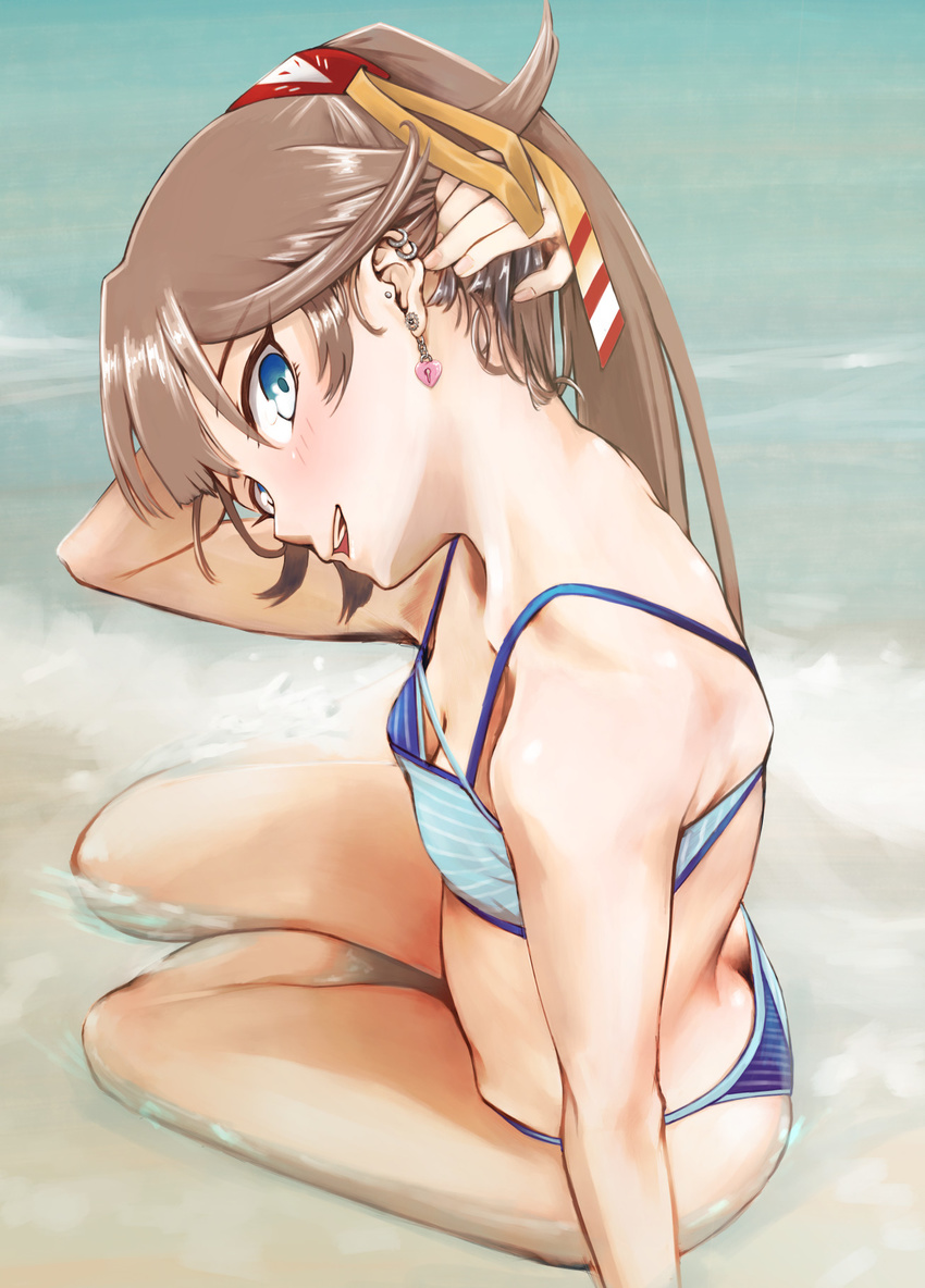 :d arm_at_side arm_up bangs bare_arms bare_legs bare_shoulders bikini blue_bikini blue_eyes blush breasts brown_hair butt_crack cleavage commentary_request day downblouse ear_piercing earrings from_above head_tilt heart heart_earrings highres jewelry kantai_collection kazagumo_(kantai_collection) long_hair looking_at_viewer looking_to_the_side namiki_kojiro nape ocean open_mouth outdoors piercing sitting small_breasts smile solo striped striped_bikini swimsuit twitter_username water yokozuwari