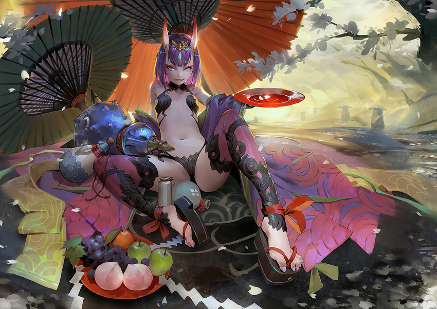 alcohol ankle_ribbon apple arm_support bare_shoulders bottle circlet cup day eyeliner fate/grand_order fate_(series) feet food foreshortening fruit full_body geta gourd grapes halterneck horns japanese_clothes kimono leaning_back legs long_sleeves looking_at_viewer makeup nail_polish navel on_ground oni oni_horns open_clothes open_kimono outdoors parasol peach petals purple_eyes purple_hair purple_kimono purple_legwear purple_nails qmo_(chalsoma) red_ribbon red_umbrella revealing_clothes ribbon sakazuki sake short_hair shuten_douji_(fate/grand_order) sitting solo spikes stomach thighhighs toenail_polish toenails umbrella
