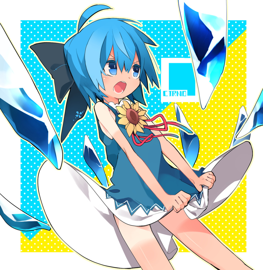ahoge aki_maki_yuu bangs bare_arms bare_legs blue_bow blue_dress blue_eyes blue_hair blue_wings bow character_name cirno dress hair_bow highres ice ice_wings open_mouth short_hair solo tan tanline tanned_cirno touhou wings