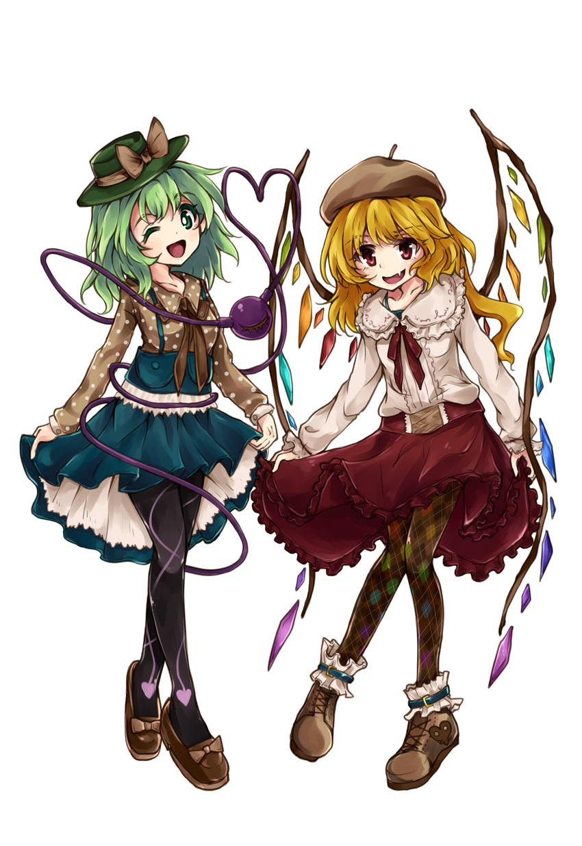alternate_costume argyle argyle_legwear black_legwear blonde_hair blue_skirt bow brown_bow brown_footwear casual contemporary fang flandre_scarlet full_body green_eyes green_hair green_hat hat hat_bow heart heart_of_string high-waist_skirt highres karua_m komeiji_koishi leaning_forward lifted_by_self long_hair long_sleeves looking_at_viewer miniskirt multiple_girls one_eye_closed open_mouth pantyhose pleated_skirt polka_dot red_eyes red_skirt shoe_bow shoes skirt skirt_lift smile suspenders third_eye touhou transparent_background wings