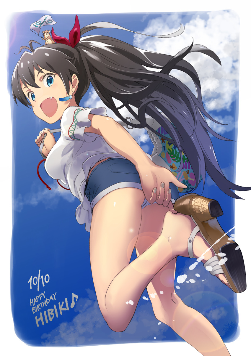 :d adjusting_clothes adjusting_shoe andou_shuuki antenna_hair ass bag bangs bare_legs blue_sky blush breasts character_name cloud dated day denim denim_shorts earrings eyebrows_visible_through_hair fang feather_earrings flag foreshortening from_below ganaha_hibiki hair_ribbon hamster hamuzou handbag happy_birthday highres idolmaster idolmaster_(classic) jewelry leg_up lens_flare long_hair looking_at_viewer looking_down medium_breasts nail_polish open_mouth outdoors ponytail red_ribbon ribbon running sandals shirt short_shorts short_sleeves shorts shoulder_bag silver_nails sky smile solo very_long_hair white_shirt