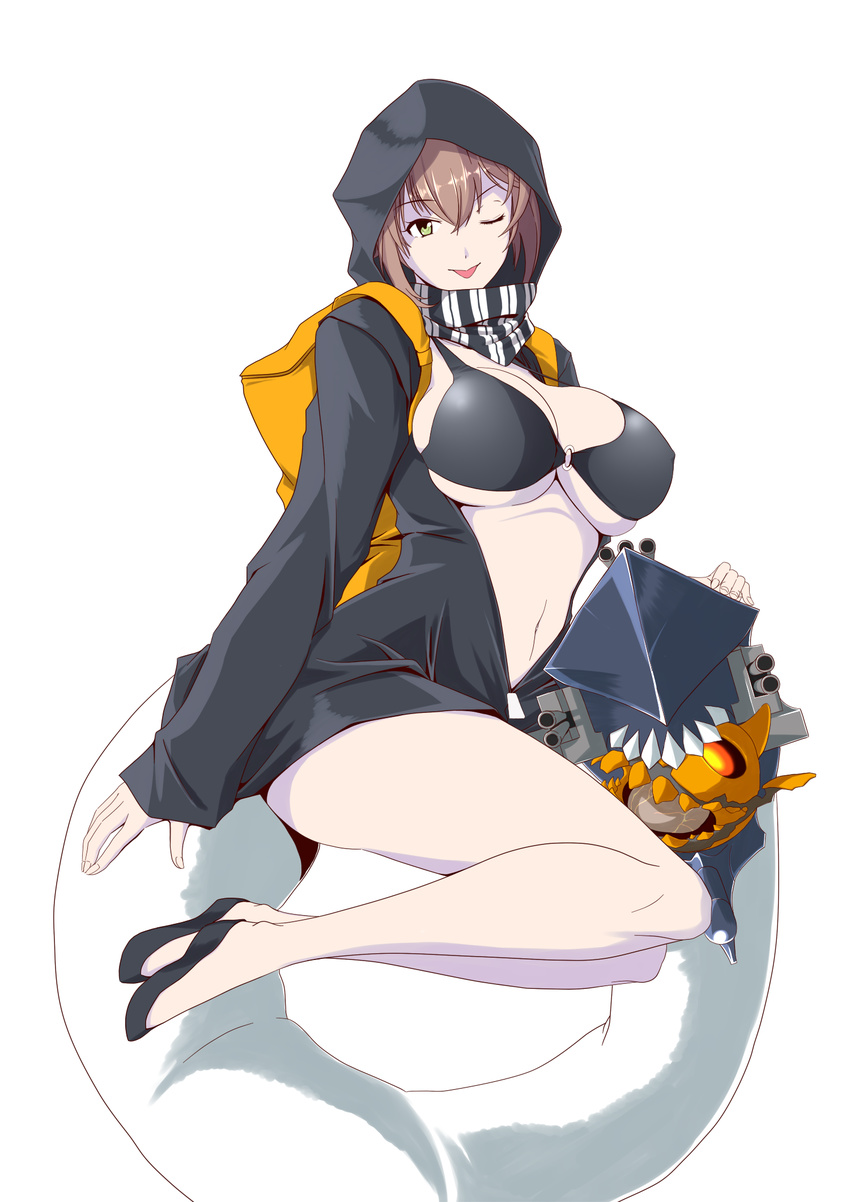 alternate_costume backpack bag bikini black_bikini black_footwear black_hoodie breasts brown_hair cleavage collarbone cosplay enemy_aircraft_(kantai_collection) full_body green_eyes halloween highres hood jacket kantai_collection kiriki_haruomi large_breasts long_sleeves looking_at_viewer mutsu_(kantai_collection) o-ring one_eye_closed open_clothes open_jacket re-class_battleship re-class_battleship_(cosplay) short_hair simple_background solo swimsuit tail teeth thighs tongue tongue_out turret white_background