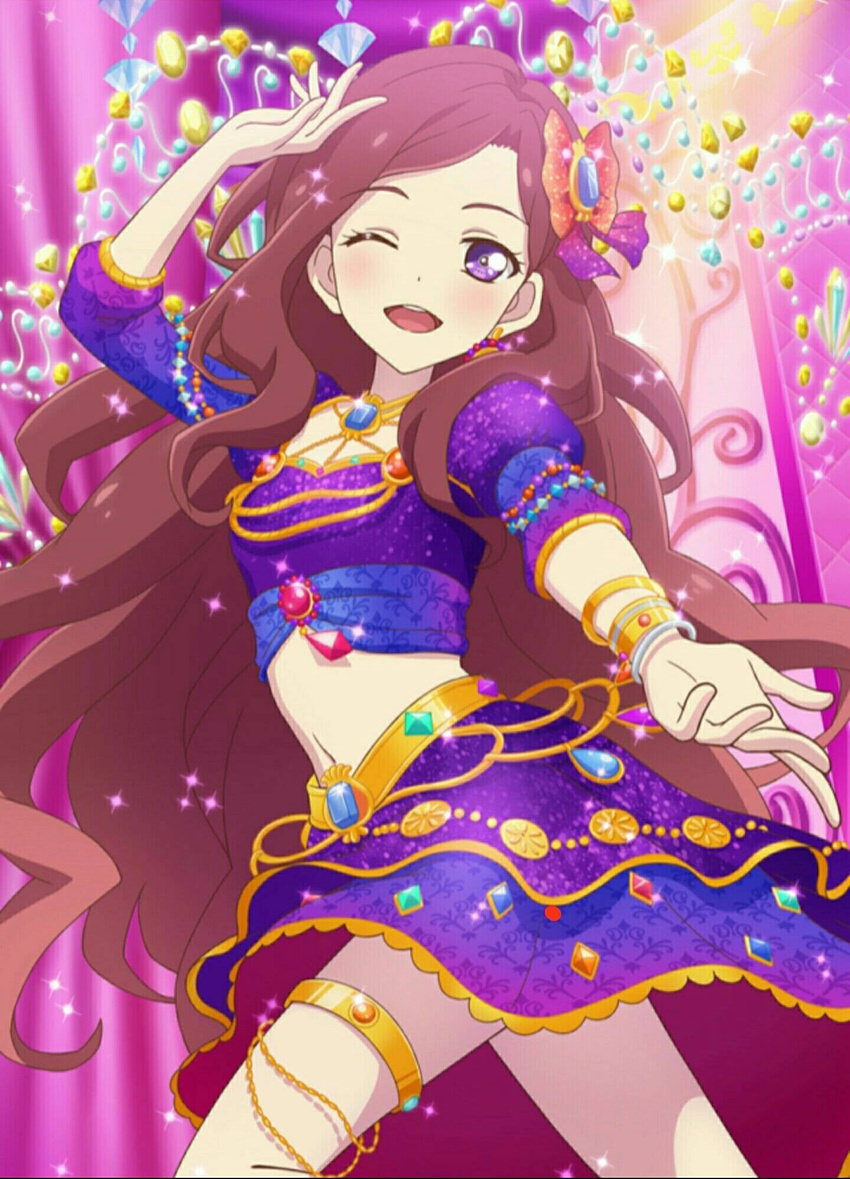 aikatsu_stars! blush brown_hair dancer dress kasumi_yozora ksirt long_hair smile violet_eyes wink