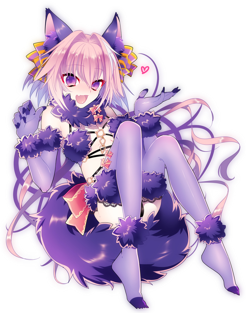 androgynous animal_ears astolfo_(fate) black_bow blush bow braid commentary cosplay dangerous_beast elbow_gloves fang fate/apocrypha fate/grand_order fate_(series) fur_trim gloves hair_ribbon halloween halloween_costume highres hiyu_(itsumono) looking_at_viewer male_focus mash_kyrielight mash_kyrielight_(cosplay) multicolored_hair navel open_mouth otoko_no_ko pink_hair purple_eyes ribbon single_braid solo streaked_hair tail thighhighs wolf_ears wolf_tail