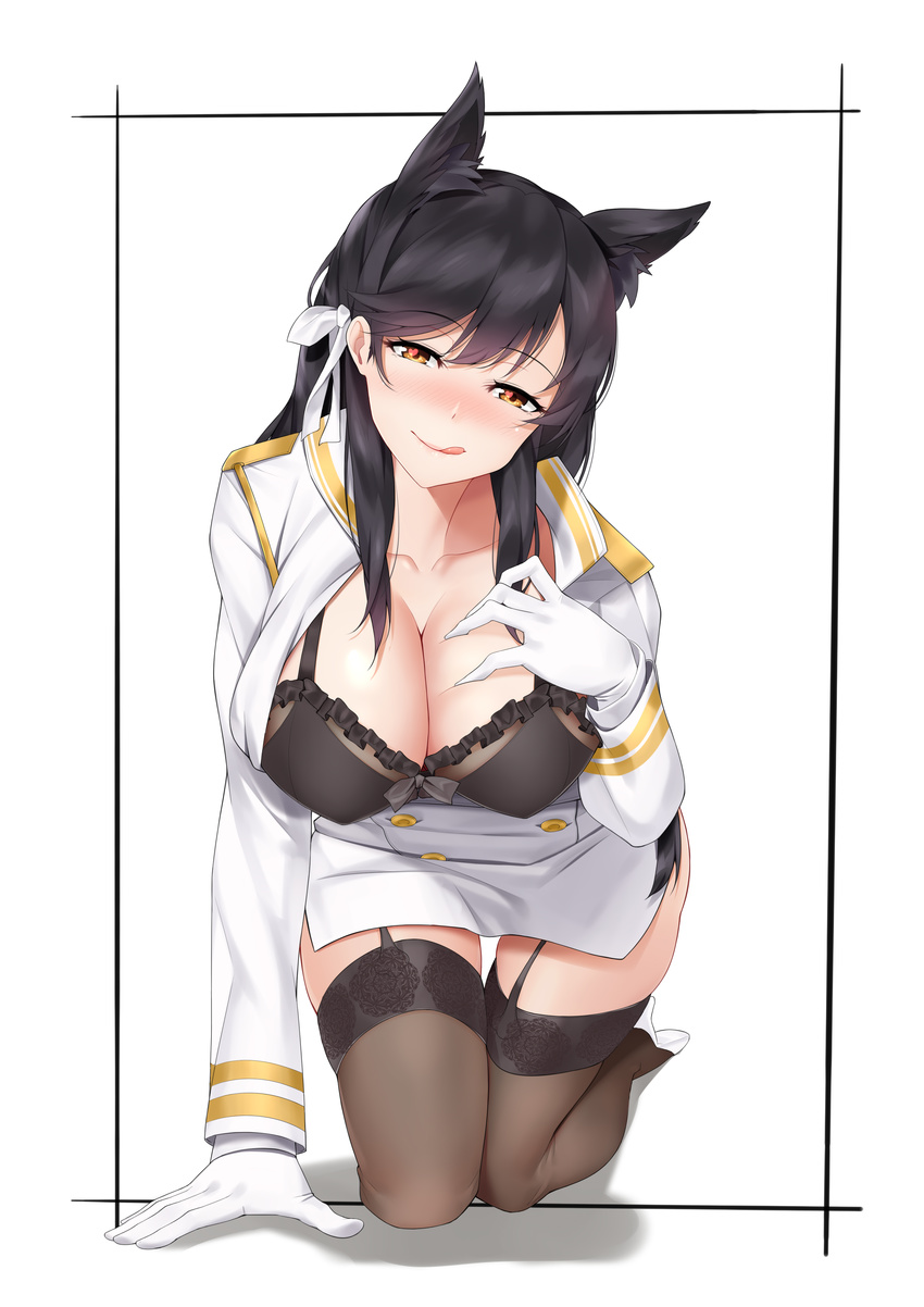 :q absurdres all_fours atago_(azur_lane) azur_lane black_bra black_hair blush bra breasts brown_eyes cleavage closed_mouth collarbone eyebrows_visible_through_hair foreshortening frilled_bra frills garter_straps gloves head_tilt heart heart-shaped_pupils highres kong_lang_(skywave) large_breasts long_hair long_sleeves looking_at_viewer military military_uniform miniskirt nose_blush pencil_skirt skirt solo symbol-shaped_pupils thigh_gap thighhighs tongue tongue_out underwear uniform white_gloves white_skirt zettai_ryouiki