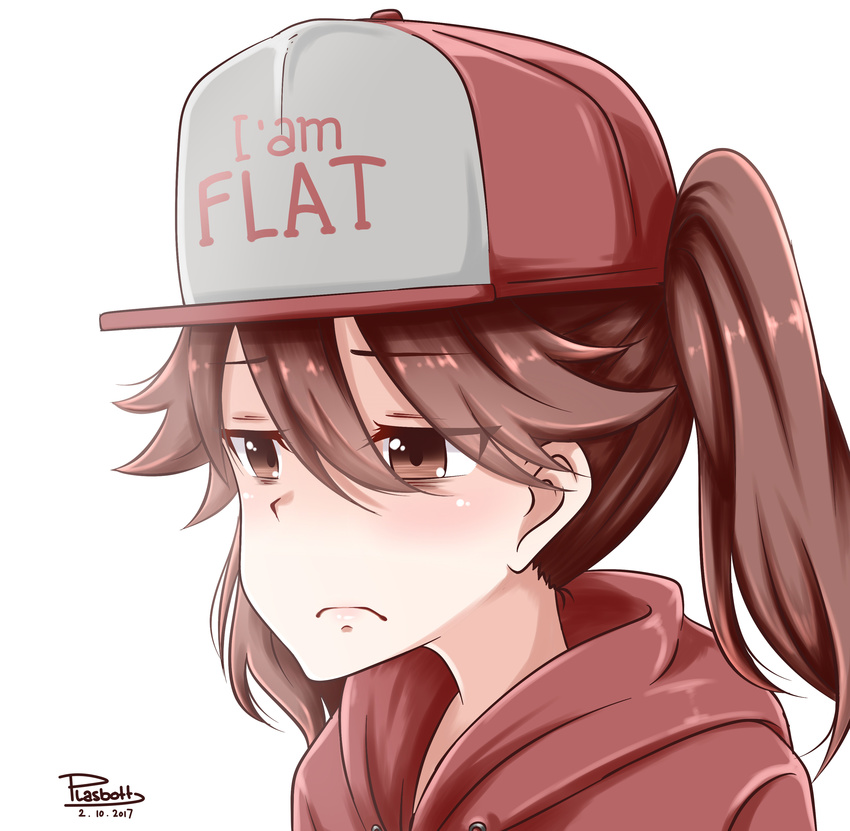 absurdres artist_name bags_under_eyes baseball_cap brown_eyes brown_hair dated eyebrows_visible_through_hair eyes_visible_through_hair face frown hat highres kantai_collection plasbott ryuujou_(kantai_collection) signature solo sweater twintails upper_body