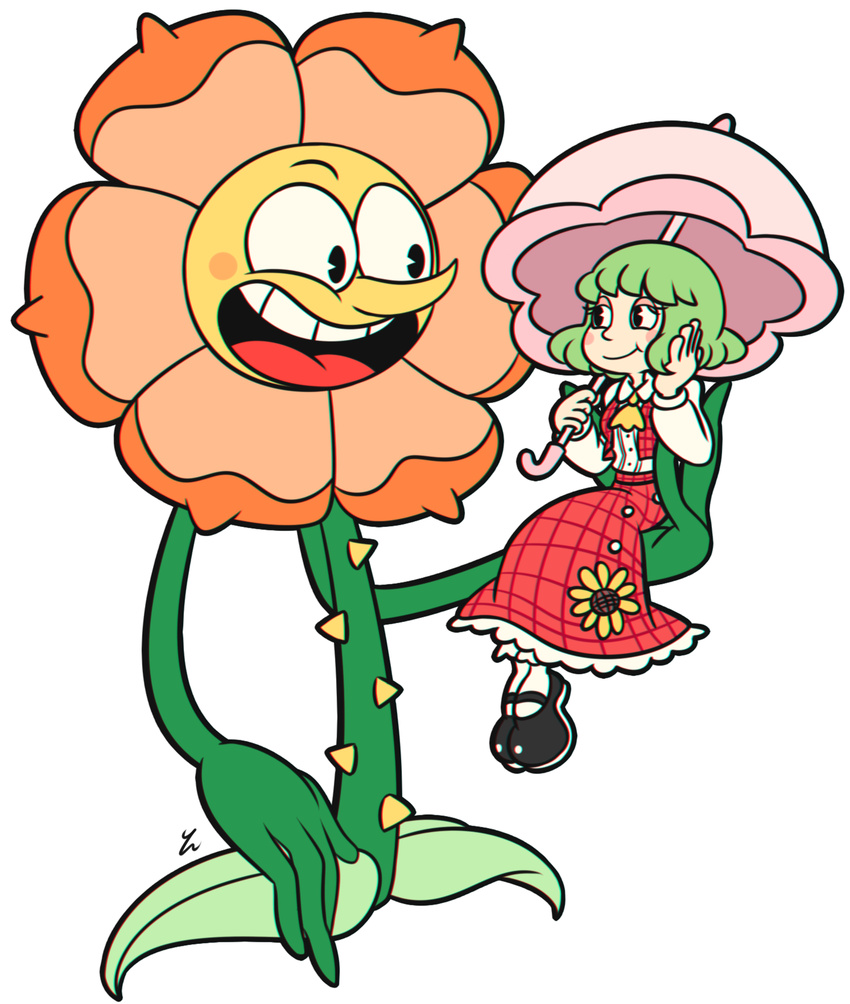 1girl 30s :d ascot blush_stickers cagney_carnation chromatic_aberration collared_shirt commentary crossover cuphead_(game) flower happy highres kazami_yuuka mary_janes open_mouth parody plant_monster shirt shoes skirt smile style_parody sunflower touhou umbrella vest yatsunote