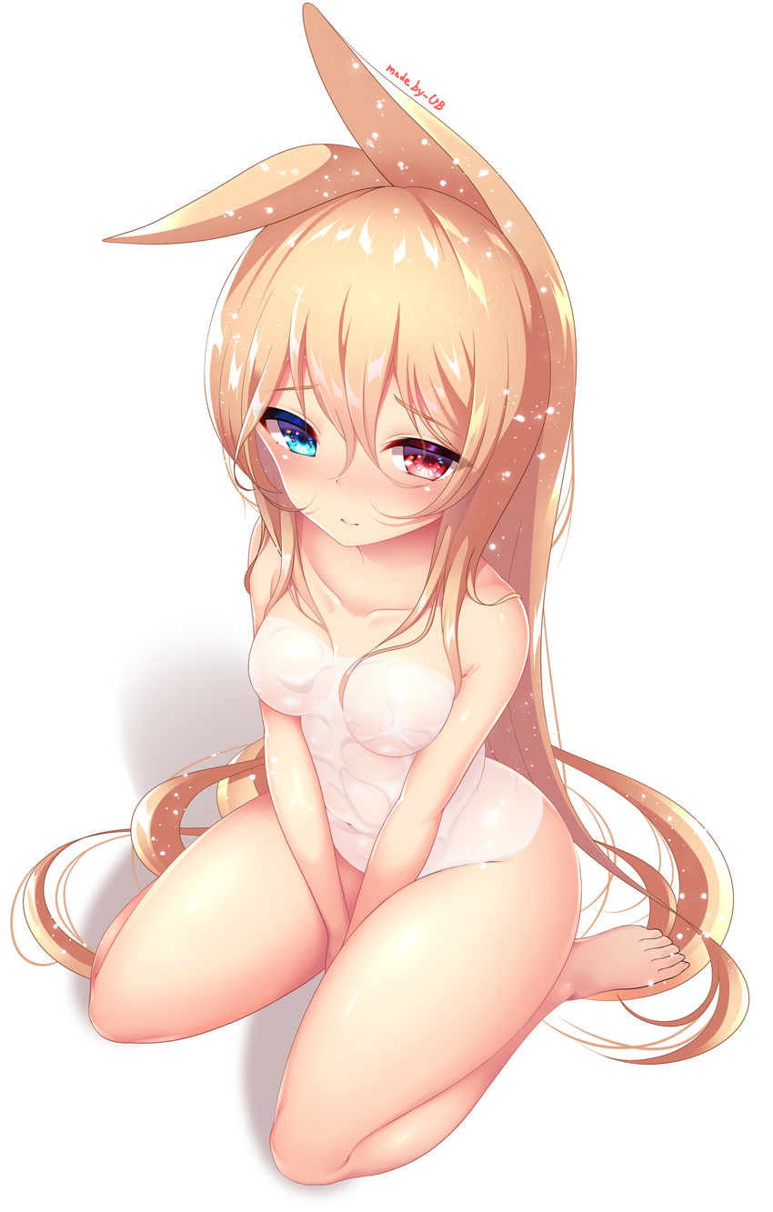 absurdres animal_ears artist_name bangs bare_arms bare_legs bare_shoulders barefoot between_legs blonde_hair blush breasts cat_ears closed_mouth collarbone commentary covered_navel covered_nipples eyebrows_visible_through_hair from_above full_body g41_(girls_frontline) girls_frontline hair_between_eyes half-closed_eyes hand_between_legs heterochromia hibi_(grangcat) highres long_hair looking_at_viewer looking_up on_floor see-through sitting skin_tight small_breasts smile strapless toenails toes very_long_hair wariza wet white_background