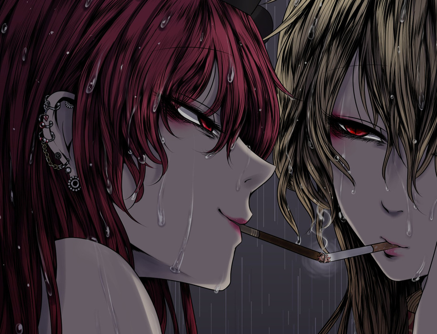 blonde_hair cigarette cigarette_kiss commentary_request ear_piercing earrings eye_contact eyeliner eyeshadow hair_between_eyes hecatia_lapislazuli highres jewelry junko_(touhou) lips lipstick long_hair looking_at_another makeup mouth_hold multiple_girls piercing rain red_eyes red_hair red_lipstick sei_no_ji smile smoke touhou wet wet_hair yuri
