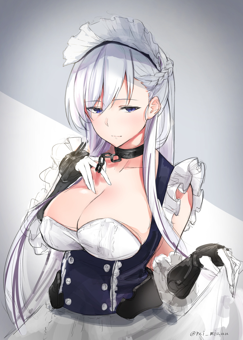 azur_lane bangs belfast_(azur_lane) blue_eyes braid breasts chain cleavage collar collarbone commentary_request eyebrows_visible_through_hair gloves highres large_breasts long_hair looking_at_viewer maid maid_headdress mizuu_rei silver_hair solo twitter_username