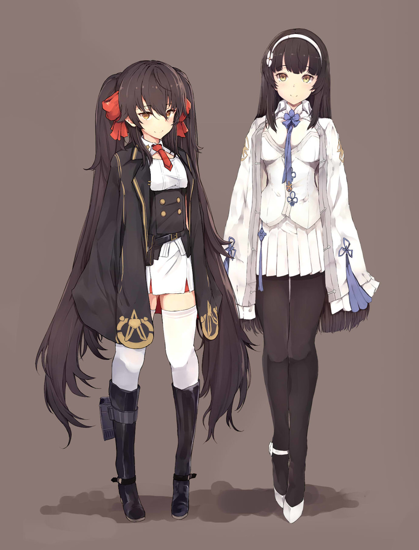 ahokoo bangs between_breasts black_footwear black_hair black_legwear black_skirt blush boots bow breasts brown_eyes brown_hair closed_mouth coat corset detached_collar dress eyebrows_visible_through_hair flower full_body girls_frontline grey_background hair_between_eyes hair_bow hair_flower hair_ornament hairband highres jacket jacket_on_shoulders knee_boots large_breasts long_hair looking_at_viewer multiple_girls neck_ribbon necktie open_clothes open_coat pantyhose pleated_skirt qbz-95_(girls_frontline) qbz-97_(girls_frontline) red_bow red_neckwear ribbon shoes short_necktie simple_background skirt smile standing strapless thighhighs tubetop twintails underbust very_long_hair white_dress white_footwear white_legwear white_skirt yellow_eyes zettai_ryouiki