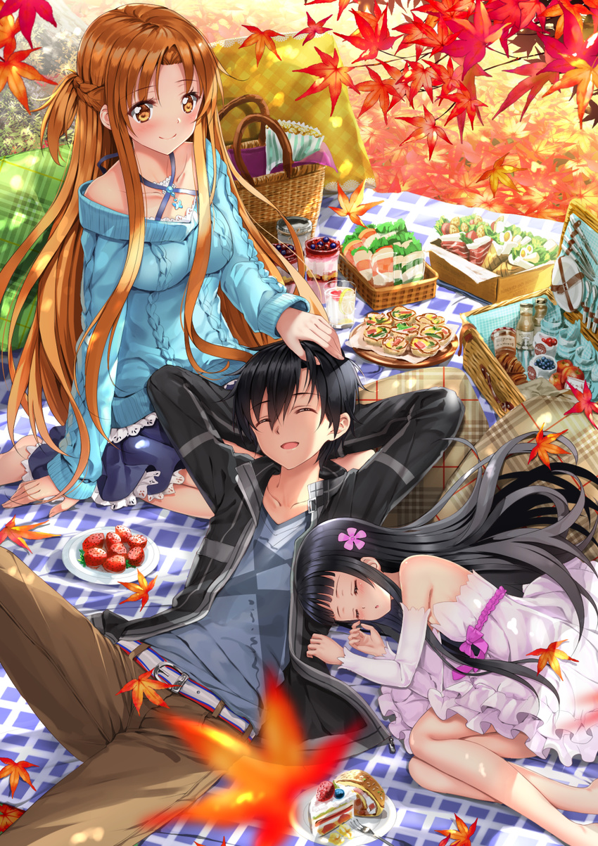 2girls asuna_(sao) bare_shoulders belt black_hair black_jacket blue_skirt blue_sweater blush braid brown_eyes brown_hair brown_pants cake closed_eyes commentary_request detached_sleeves dress eyebrows_visible_through_hair flower food french_braid fruit hair_between_eyes hair_flower hair_ornament hand_on_another's_head highres jacket kirito lap_pillow leaf long_hair multiple_girls pants picnic picnic_basket skirt sleeping smile strawberry sweater sword_art_online swordsouls white_dress yui_(sao)