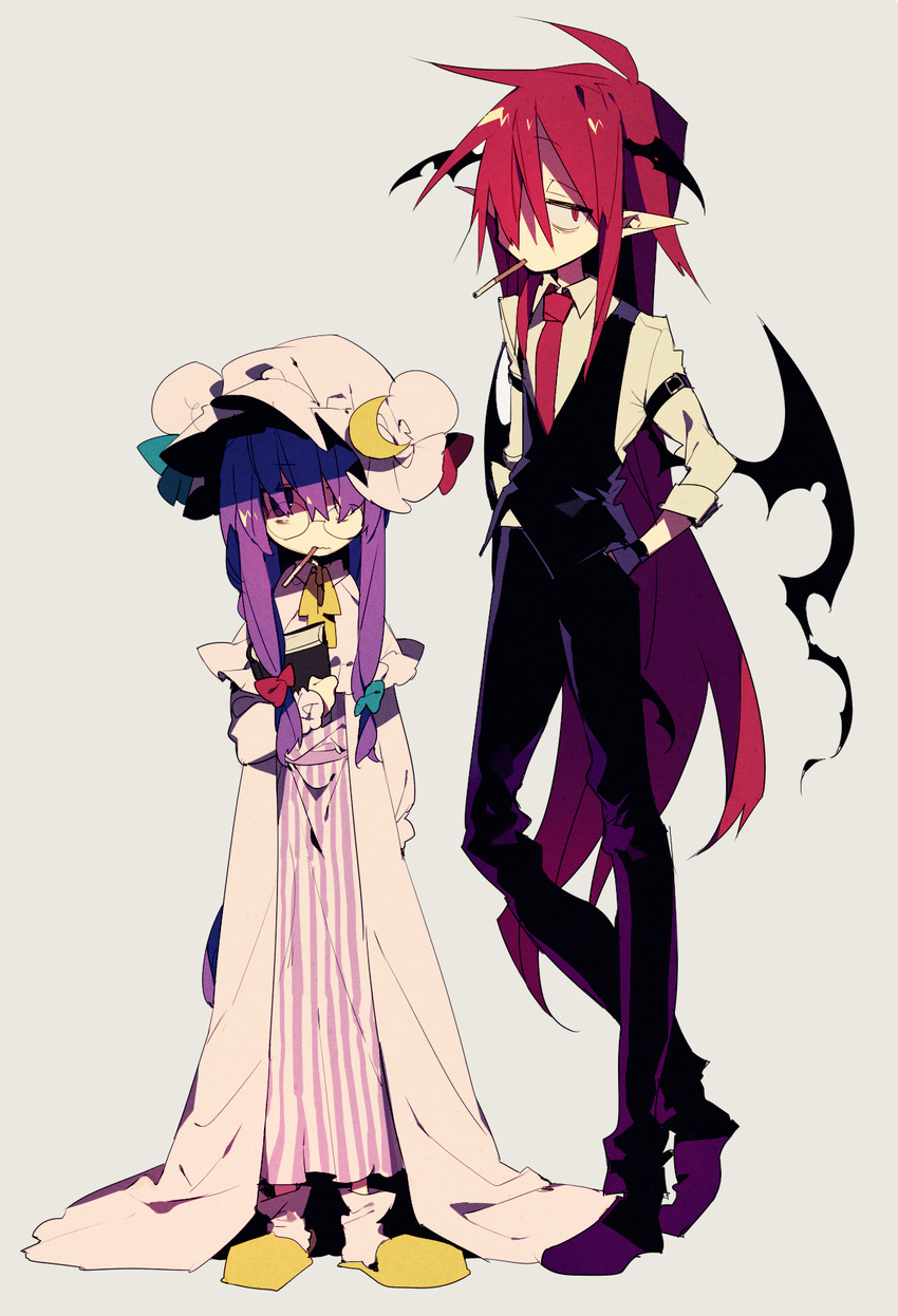 arm_belt bespectacled black_pants blue_bow blue_eyes bow capelet cigarette crescent crescent_hair_ornament demon_wings dress full_body glasses grey_background hair_bow hair_ornament hair_over_eyes hair_over_one_eye hands_in_pockets hat hat_ribbon head_wings height_difference higa423 highres koakuma long_hair long_sleeves multiple_girls pants patchouli_knowledge pointy_ears purple_eyes purple_hair red_bow red_eyes red_hair red_neckwear red_ribbon ribbon sidelocks simple_background skirt skirt_set slippers socks standing striped striped_dress touhou very_long_hair vest wings