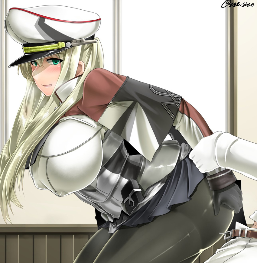 anchor ass belt black_gloves black_pants blonde_hair blue_eyes blush breasts capelet covered_nipples from_behind from_below gloves graf_zeppelin_(kantai_collection) grey_jacket hair_between_eyes hat highres huge_breasts impossible_clothes indoors jacket kantai_collection long_hair long_sleeves looking_at_viewer looking_back looking_down nipples open_mouth pants pantyhose peaked_cap pleated_skirt saizu_nitou_gunsou shiny shiny_clothes sidelocks skin_tight skirt skirt_lift smile solo twintails twitter_username white_cap