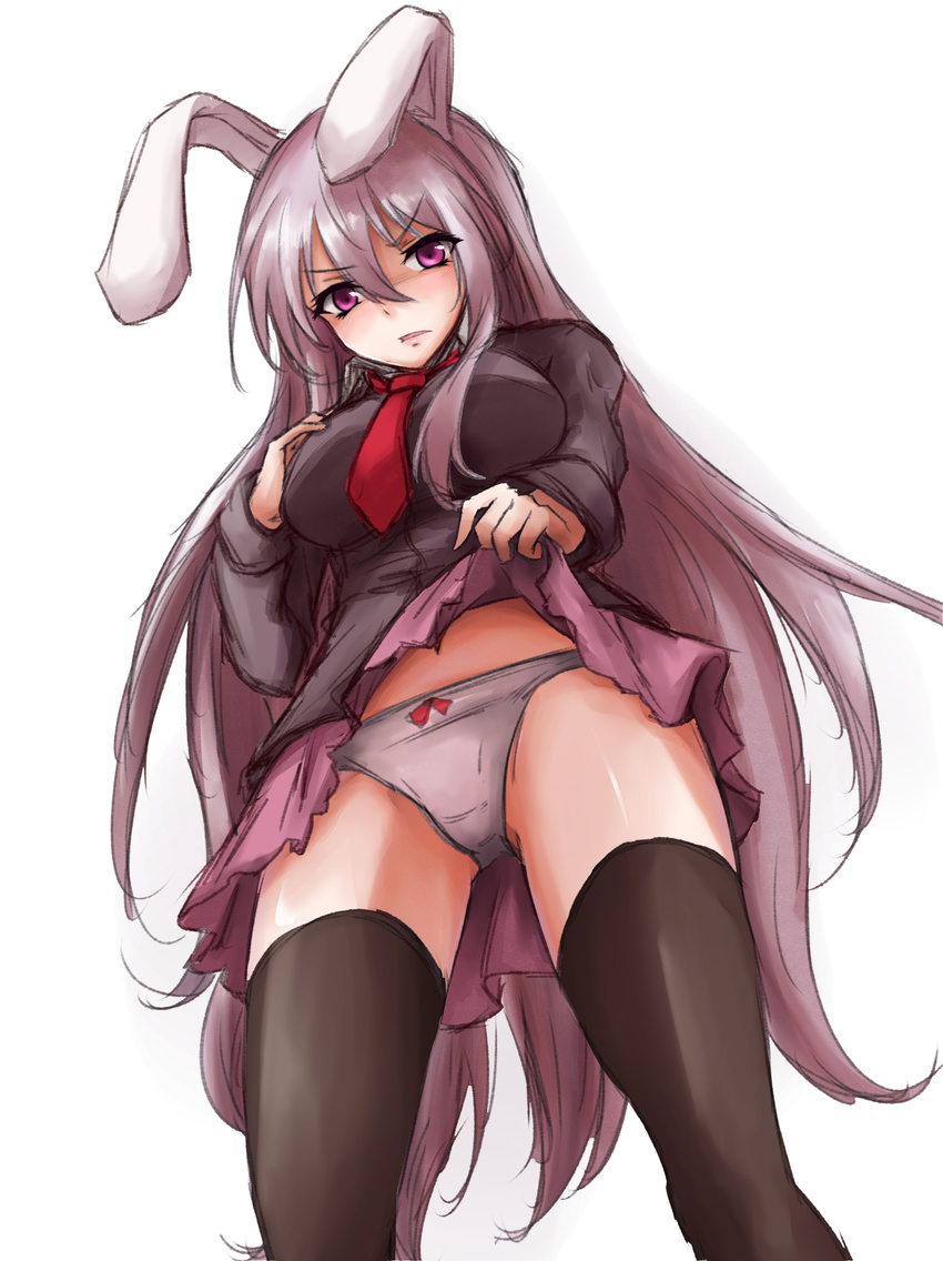 absurdres amagi_(amagi626) animal_ears black_legwear black_shirt bow bow_panties bunny_ears from_below hand_on_own_chest highres lifted_by_self long_hair long_sleeves looking_down necktie open_mouth panties purple_eyes red_neckwear reisen_udongein_inaba shirt sketch skirt skirt_pull solo thighhighs touhou underwear white_background white_hair white_panties zettai_ryouiki