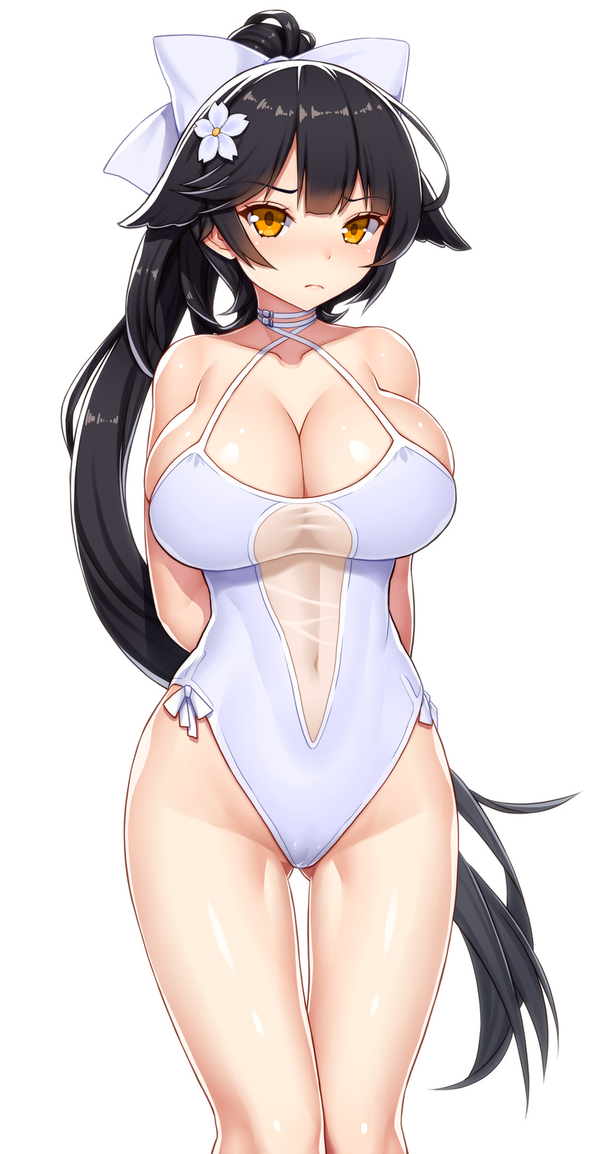 absurdres arm_behind_back asamura_hiori ass_visible_through_thighs azur_lane bangs black_hair blush bow breasts brown_eyes closed_mouth collarbone cowboy_shot criss-cross_halter eyebrows_visible_through_hair flower frown hair_bow hair_flaps hair_flower hair_ornament halterneck highres large_breasts long_hair looking_at_viewer navel one-piece_swimsuit ponytail see-through sidelocks simple_background solo standing swimsuit takao_(azur_lane) thigh_gap thighs tsurime very_long_hair white_background white_bow white_flower white_swimsuit