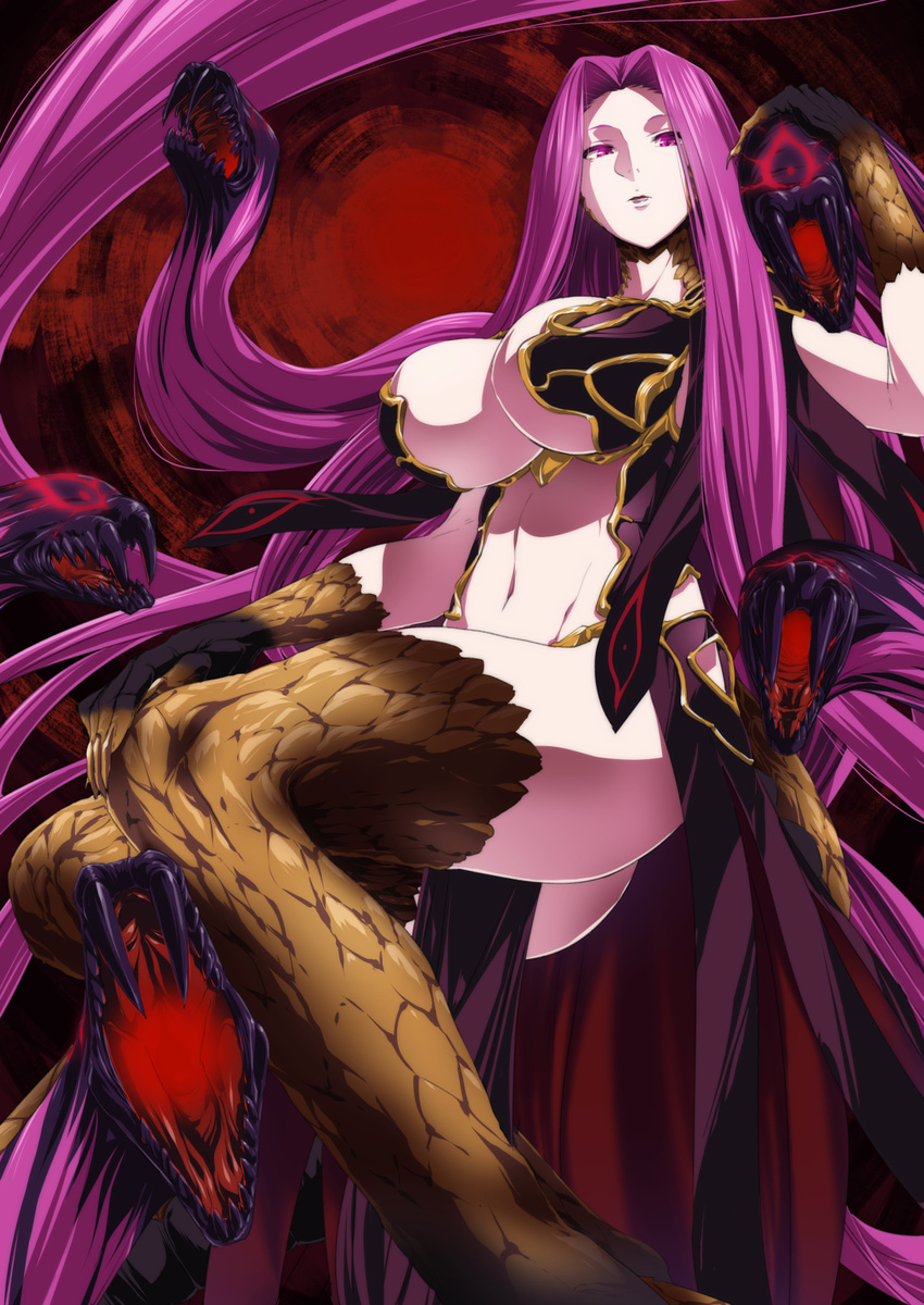 absurdly_long_hair breasts claws cleavage commentary_request curvy expressionless fangs fate/grand_order fate_(series) gorgon_(fate) hair_intakes hand_on_own_knee highres huge_breasts ifuji_shinsen lips long_hair midriff monster_girl navel petting purple_eyes purple_hair revealing_clothes rider scales snake solo very_long_hair