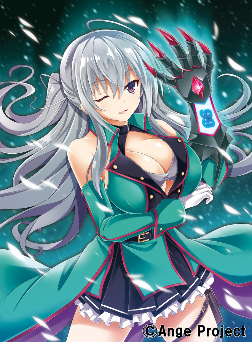 :3 :d ahoge ange_vierge breast_hold breasts cleavage commentary_request detached_sleeves gauntlets gloves hair_between_eyes highres kurowana large_breasts long_hair nya_lapucea official_art one_eye_closed open_mouth silver_hair single_gauntlet single_glove smile solo thigh_strap very_long_hair white_gloves