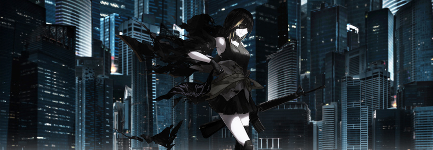 assault_rifle bare_shoulders bemuse_(nextand) black_hair black_legwear black_skirt building city city_lights cityscape clothes_around_waist commentary eyepatch girls_frontline gloves gun headphones headphones_around_neck highres holding holding_gun holding_weapon long_hair looking_down m16 m16a1 m16a1_(girls_frontline) mask mask_removed multicolored_hair night off_shoulder official_art outdoors pleated_skirt rifle skirt skyscraper solo streaked_hair third-party_edit torn_clothes walking weapon wind