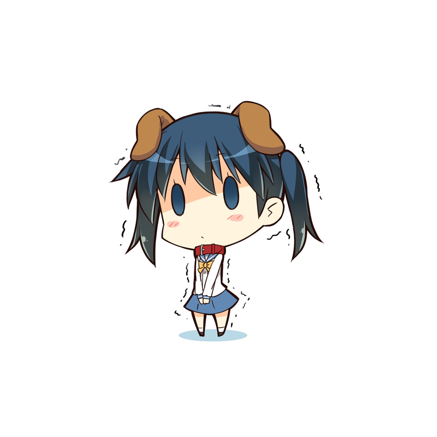 animal_ears bangs black_footwear blouse blue_eyes blue_hair blue_sailor_collar blue_skirt blush_stickers bow bowtie chibi closed_mouth commentary_request dog_ears eyebrows_visible_through_hair full_body gia_kon hands_together highres kin-iro_mosaic komichi_aya long_hair long_sleeves looking_at_viewer red_collar sailor_collar school_uniform serafuku shaded_face shadow shoes skirt solid_oval_eyes solo standing trembling twintails white_background white_blouse white_legwear yellow_bow yellow_neckwear