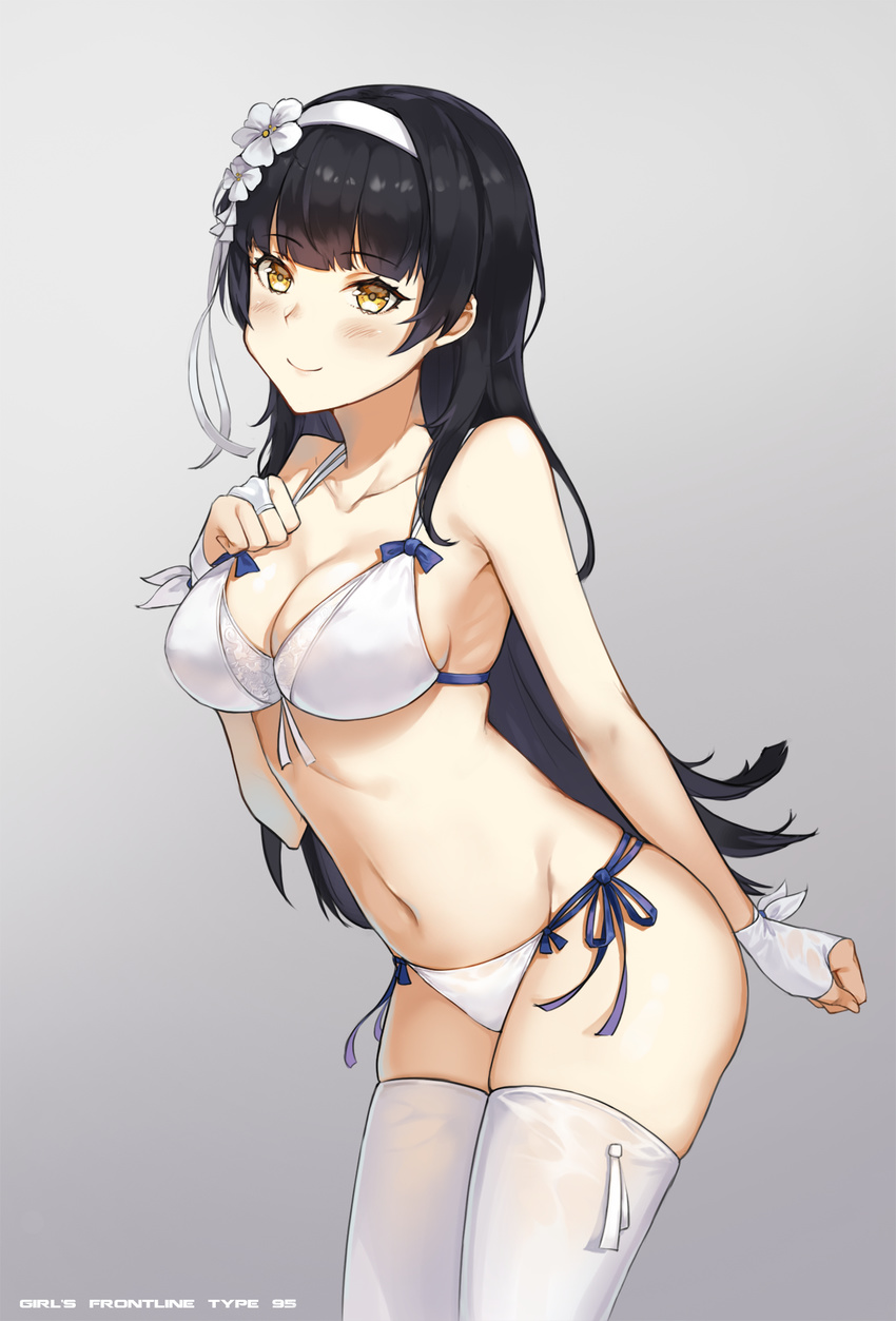 aliceblue bad_id bad_pixiv_id bad_revision bangs black_hair blue_ribbon blunt_bangs blush bra breasts bridal_gauntlets brown_eyes cleavage closed_mouth collarbone cowboy_shot downscaled_revision eyebrows_visible_through_hair flower girls_frontline gloves grey_background hair_flower hair_ornament hairband hand_on_own_chest highres large_breasts leaning_forward legs_together long_hair looking_at_viewer panties qbz-95_(girls_frontline) ribbon side-tie_panties simple_background solo standing thighhighs underwear very_long_hair white_bra white_gloves white_hairband white_legwear white_panties