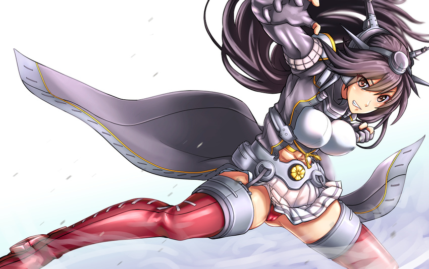 black_hair boots breasts clenched_hands coat commentary_request eyebrows_visible_through_hair eyes_visible_through_hair fingerless_gloves full_body garter_straps gloves hair_between_eyes headgear kantai_collection kobamiso_(kobalt) large_breasts long_hair looking_at_viewer machinery midriff midriff_peek miniskirt nagato_(kantai_collection) panties partly_fingerless_gloves pleated_skirt range_finder red_eyes red_footwear red_panties remodel_(kantai_collection) rigging rudder_shoes sakuramon sandbag skirt smile smokestack solo striped striped_footwear striped_skirt thigh_boots thighhighs turret underwear white_skirt zettai_ryouiki