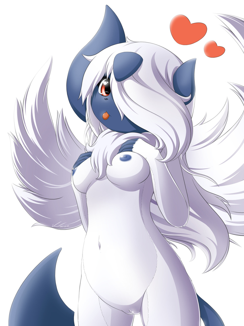 1girl absol breasts furry hair_over_one_eye hands_on_own_chest hands_up heart highres horns legs_apart looking_at_viewer looking_to_the_side medium_breasts mega_absol mega_pokemon navel nipples no_humans nude personification pokemon pokemon_(creature) pokemon_rse pussy red_eyes simple_background solo standing symbiani tail thigh_gap tongue tongue_out uncensored white_background white_hair wings