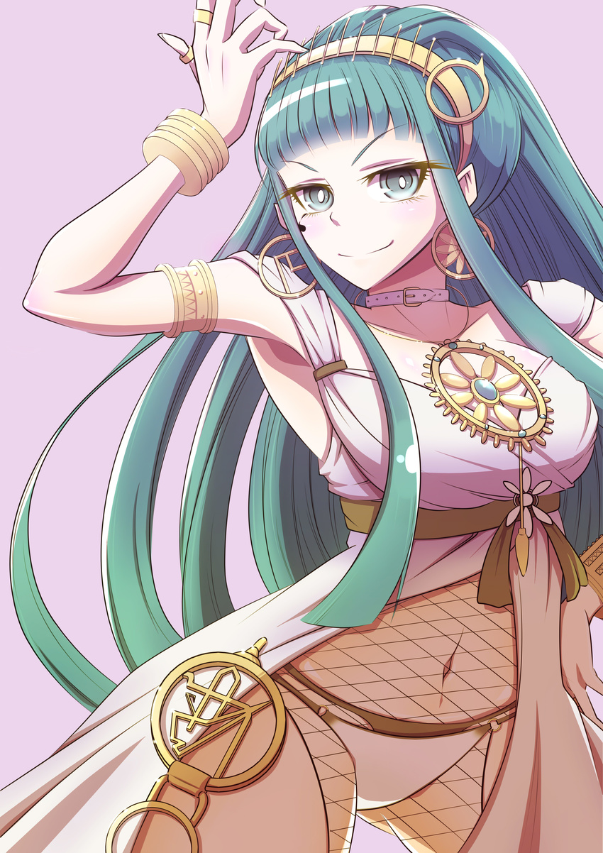 &gt;:) absurdres aqua_eyes aqua_hair arm_up armlet armpits ass_visible_through_thighs bangs belt belt_buckle blunt_bangs blush bracelet breasts bright_pupils buckle choker cleavage cleopatra_(fate/grand_order) closed_mouth collarbone cowboy_shot dress earrings egyptian egyptian_clothes eyebrows eyebrows_visible_through_hair eyelashes eyeliner eyes_visible_through_hair fate/grand_order fate_(series) fingernails fishnet_pantyhose fishnets flower gensui_(auoua) gradient gradient_background hairband hand_on_hip highres hoop_earrings jewelry large_breasts legs_apart long_fingernails long_hair looking_at_viewer makeup navel necklace nose o-ring o-ring_bottom o-ring_panties panties pantyhose purple_background ring ringed_eyes shiny shiny_skin sidelocks smile solo sparkle stomach straight_hair thumb_ring tsurime underwear v-shaped_eyebrows very_long_hair white_belt white_choker white_dress white_panties white_pupils yellow_hairband