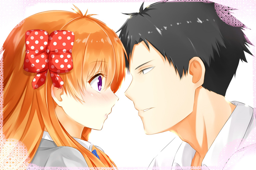 1girl black_hair bow eye_contact eyebrows_visible_through_hair gekkan_shoujo_nozaki-kun hair_between_eyes hair_bow isshiki_(ffmania7) long_hair looking_at_another nozaki_umetarou orange_hair parted_lips polka_dot polka_dot_bow portrait purple_eyes red_bow sakura_chiyo shirt simple_background white_background white_shirt