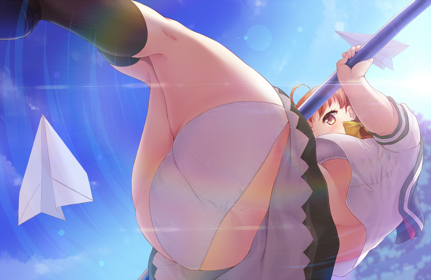 ahoge ass bangs black_skirt bra breasts brown_eyes commentary_request crop_top crop_top_overhang day horizontal_bar kneehighs kneepits komone_ushio lens_flare love_live! love_live!_sunshine!! medium_breasts orange_hair outdoors panties paper_airplane rainbow sailor_collar school_uniform serafuku short_sleeves skirt solo takami_chika thighs underwear upskirt uranohoshi_school_uniform white_bra white_panties