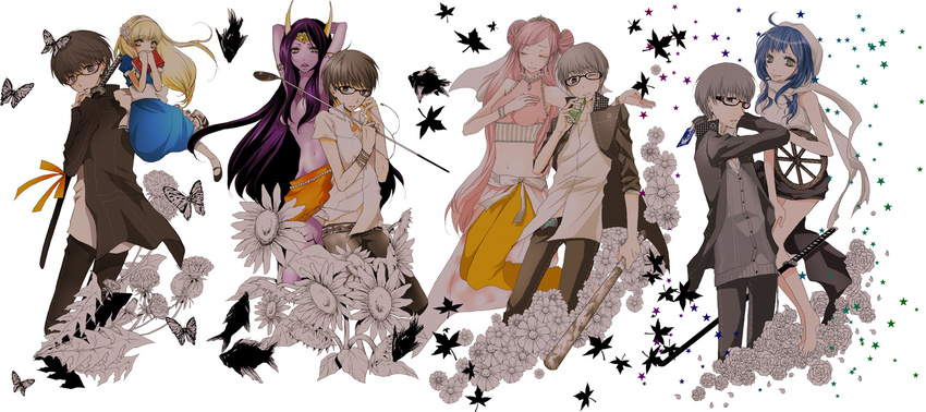 4girls alice_(megami_tensei) arms_behind_head baseball_bat book bug butterfly card demon_horns fish floating flower fortuna_(megami_tensei) gakuran glasses golf_club hand_on_own_chest headband holding holding_book holding_weapon horns insect juice_box katana leaf looking_at_viewer multiple_girls narukami_yuu natsuko_furuya navel parvati persona persona_4 school_uniform simple_background star sunflower sword weapon white_background yaksini_(megami_tensei)