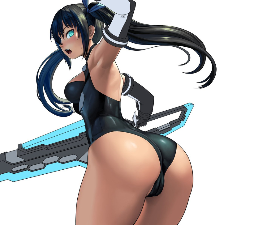 aqua_eyes armpits ass bangs black_hair black_heart black_heart_(cosplay) breasts cameltoe cosplay elbow_gloves gloves holding holding_weapon lasterk leotard long_hair looking_at_viewer looking_back medium_breasts neptune_(series) noire open_mouth simple_background solo sword symbol-shaped_pupils twintails weapon white_background work_in_progress