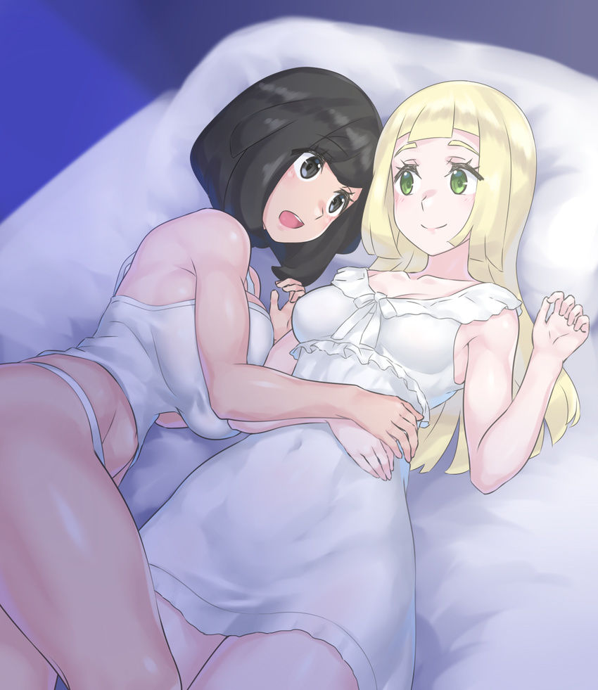 bangs bare_shoulders bed_sheet bedroom black_eyes black_hair blonde_hair blunt_bangs blush breast_press breasts cleavage closed_mouth covered_navel green_eyes half-closed_eyes hand_on_another's_stomach hand_on_own_stomach happy highres large_breasts lillie_(pokemon) long_hair lying medium_breasts midriff mizuki_(pokemon) mizuumi_(bb) multiple_girls navel night nightgown on_back on_bed open_mouth pajamas panties pillow pokemon pokemon_(game) pokemon_sm short_hair sleeveless smile stomach swept_bangs tank_top thighs underwear yuri