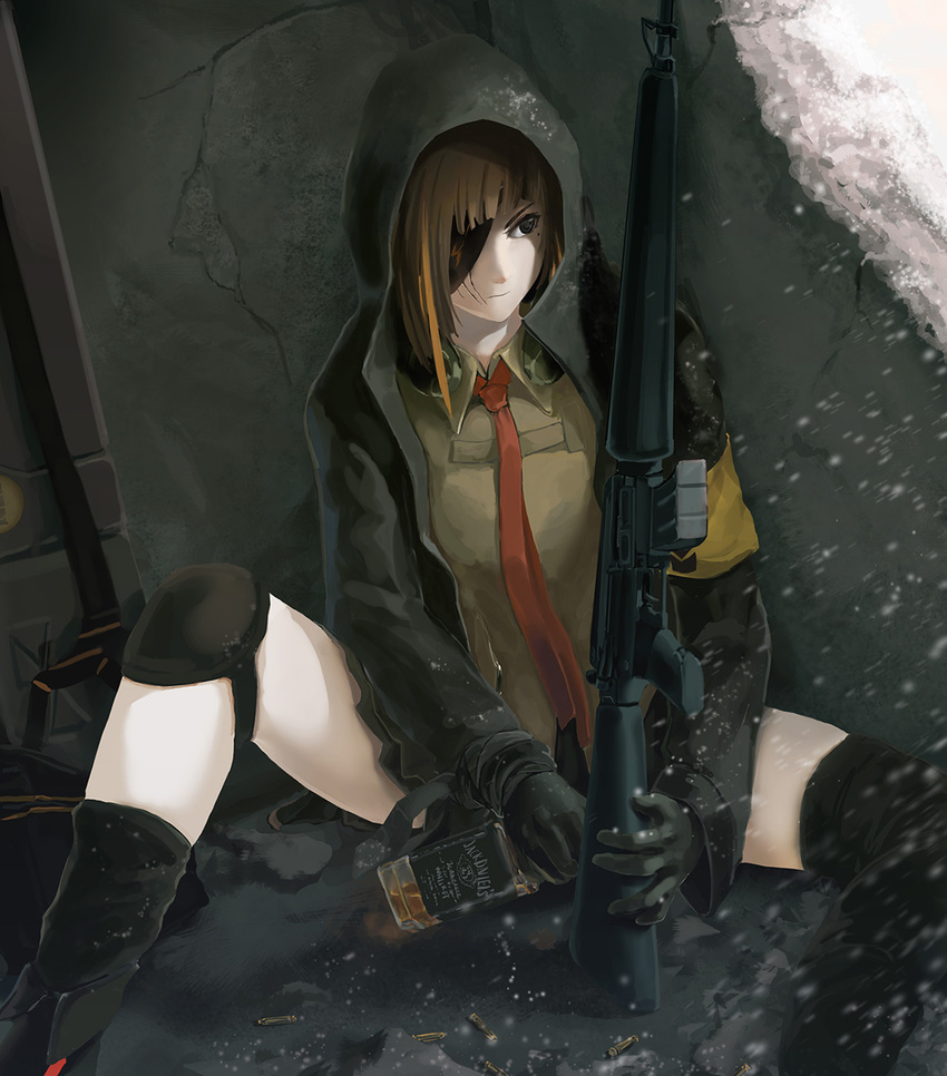 against_wall alcohol assault_rifle asymmetrical_legwear black_eyes black_gloves black_legwear bottle brown_eyes brown_hair collared_shirt cracked_wall eyepatch facial_scar girls_frontline gloves gun highres holding holding_bottle hood hooded_jacket jack_daniel's jacket knee_pads long_hair long_sleeves looking_to_the_side m16a1 m16a1_(girls_frontline) multicolored_hair necktie on_ground red_neckwear rifle scar serious shell_casing shirt sitting snow solo spread_legs streaked_hair thrall1000 weapon whiskey