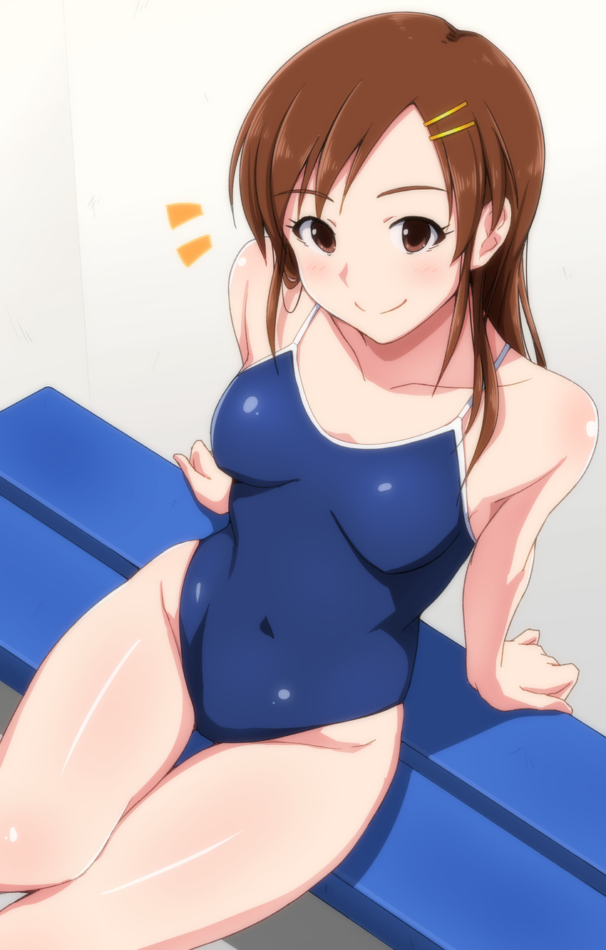 absurdres alternate_hairstyle bench blue_swimsuit blush breasts brown_eyes brown_hair collarbone competition_school_swimsuit covered_navel futami_mami groin hair_down hair_ornament hairclip highres idolmaster idolmaster_(classic) long_hair one-piece_swimsuit school_swimsuit sitting small_breasts smile solo swimsuit tengu_(tetuo_kun) thigh_gap thighs