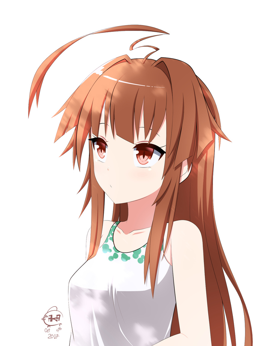 ahoge akatori_(redbird) bangs bare_arms bare_shoulders brown_eyes brown_hair collarbone commentary dated dress hair_intakes highres kantai_collection kuma_(kantai_collection) long_hair looking_away patterned_clothing sidelocks signature white_dress
