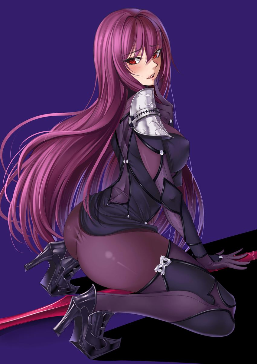 absurdres ass blush butt_crack covered_nipples fate/grand_order fate_(series) finger_to_mouth high_heels highres kneeling long_hair polearm purple_hair red_eyes scathach_(fate)_(all) scathach_(fate/grand_order) see-through solo spear weapon xiao_gen