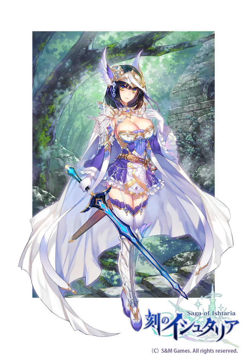 age_of_ishtaria armor armored_boots belt black_hair boots breasts cape cleavage commentary_request copyright_name detached_sleeves dress frilled_sleeves frills full_body garter_straps gloves head_wings headgear headpiece highres holding holding_sword holding_weapon large_breasts looking_at_viewer lu_hpink official_art ruins sheath short_dress shoulder_armor shoulder_spikes smile solo spikes sword thigh_boots thighhighs weapon white_gloves wide_sleeves yellow_eyes zettai_ryouiki